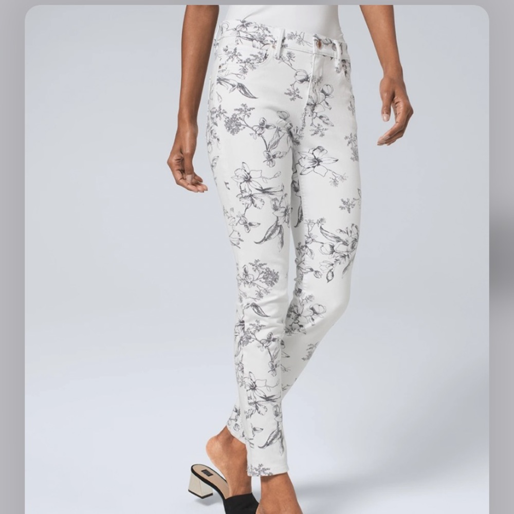 White House Black Market Floral Skinny Ankle Jeans White Grey High Rise‎ Size 6